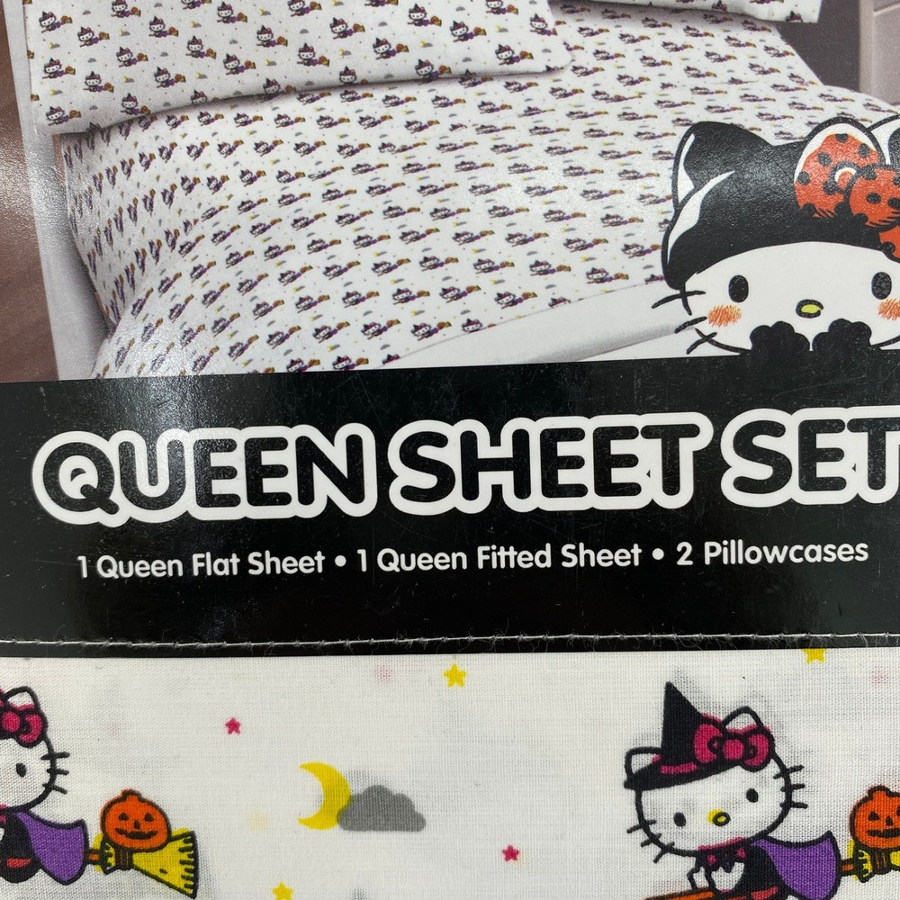 Hello Kitty Sheet Set QUEEN White Halloween Witch Cotton Sanrio Spooky Pumpkin - Picture 11 of 11